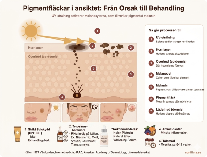 Tvärsnitt av hud som visar melanocyter och melaninproduktion i epidermis