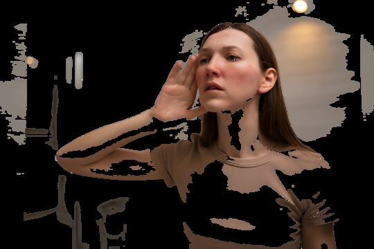 Woman in a beige shirt holds her hand to her ear, listening, in a softly lit bathroom.