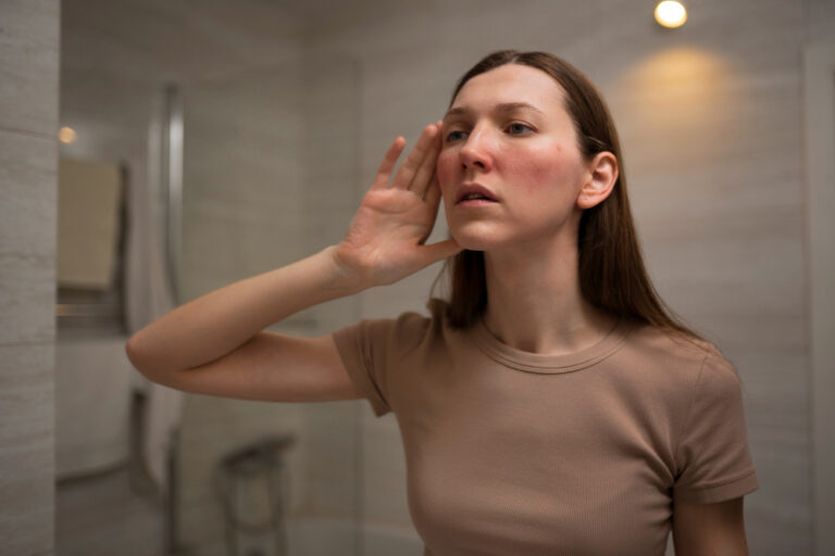Woman in a beige shirt holds her hand to her ear, listening, in a softly lit bathroom.