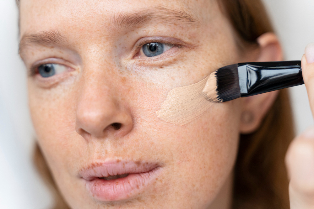 Close-up of a woman applying beige foundation to her cheek with a makeup brush.