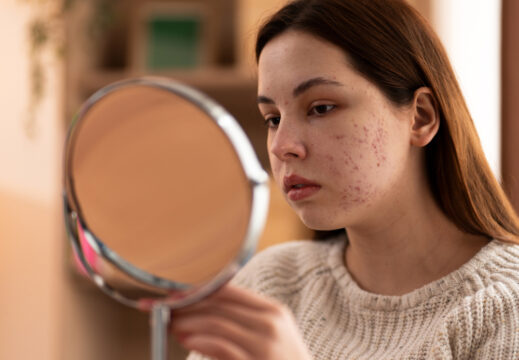 Young woman with facial acne examining her reflection in a round handheld mirror in a cozy room.