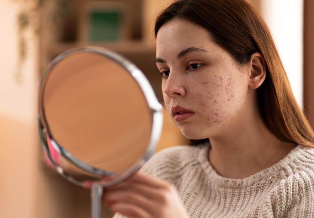 Young woman with facial acne examining her reflection in a round handheld mirror in a cozy room.