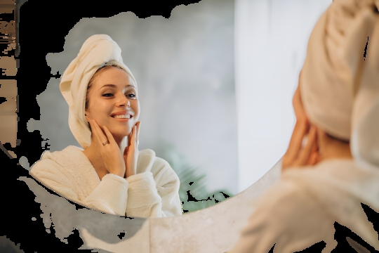 Woman in a white bathrobe with a towel wrapped around her head, smiling at her reflection in a round bathroom mirror.