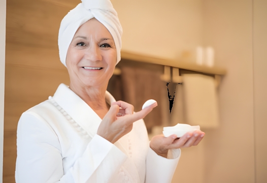 Smiling older woman in a white bathrobe with a towel on her head applies moisturizer using a cotton pad and a cream jar in hand.